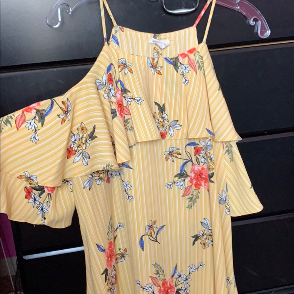 yellow floral off the shoulder top with cami strap